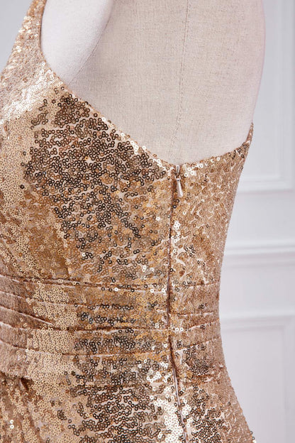 Champagne One Shoulder Sequins Mermaid Long Prom Dress