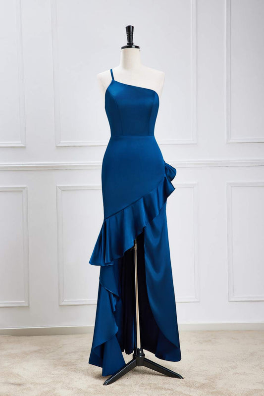 Blue One Shoulder Mermaid Ruffled Hi-Low Bridesmaid Dress