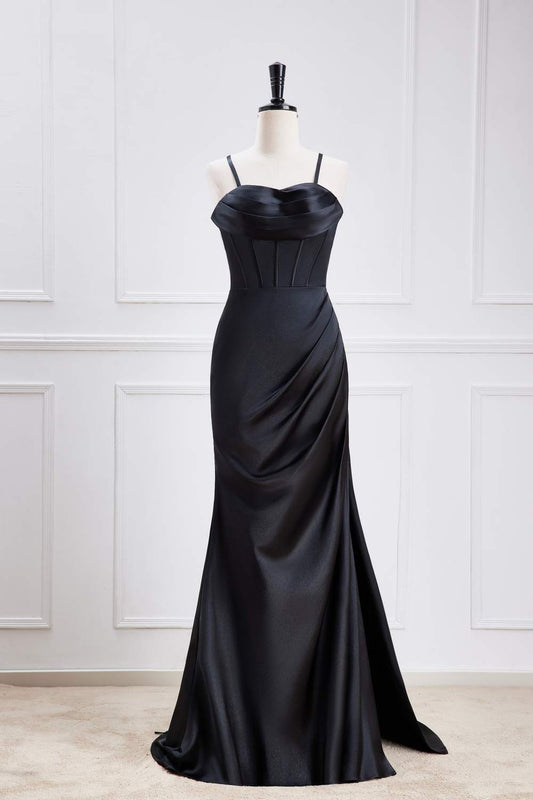 Black Spaghetti Straps Mermaid Satin Long Bridesmaid Dress with Slit