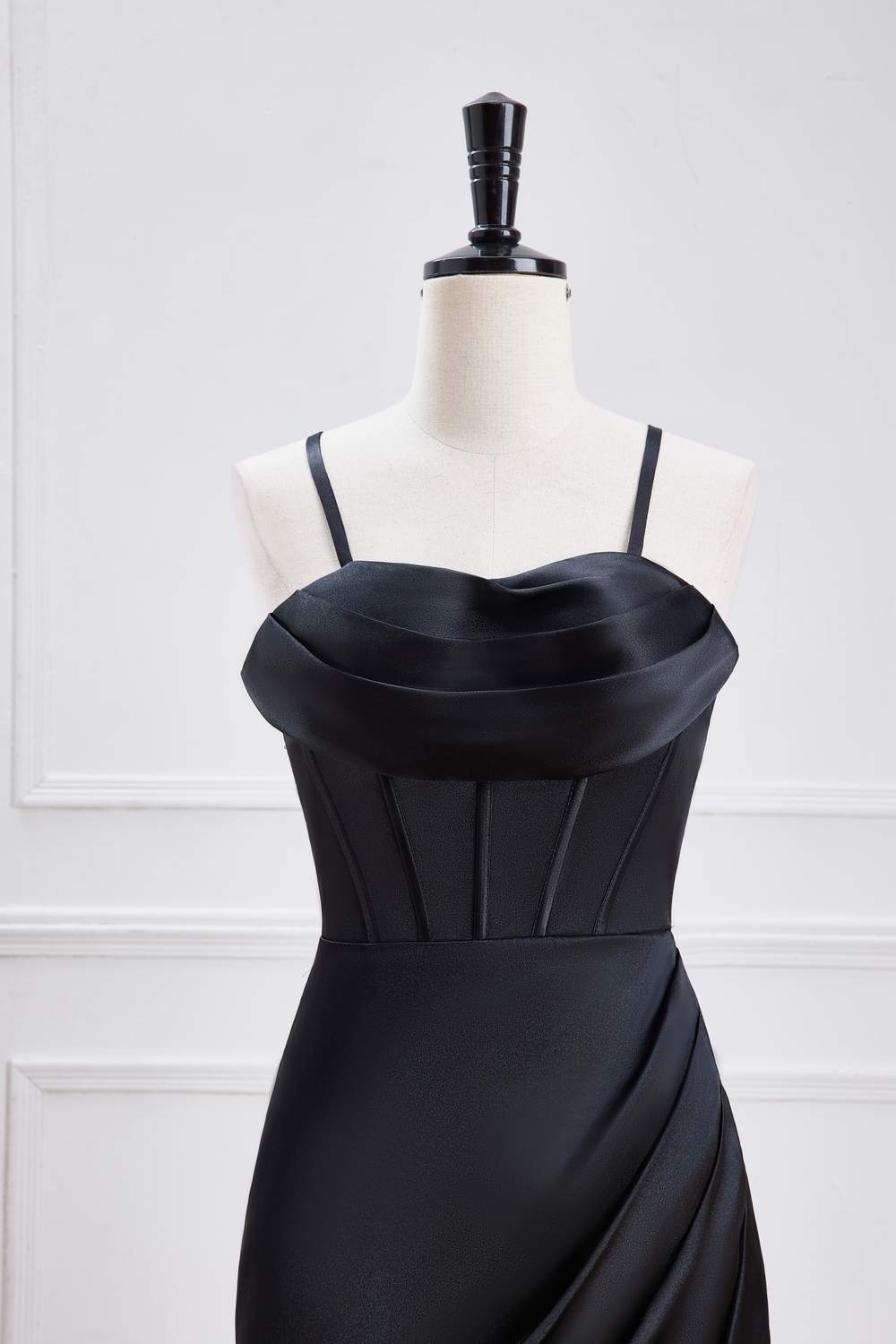Black Spaghetti Straps Mermaid Satin Long Bridesmaid Dress with Slit