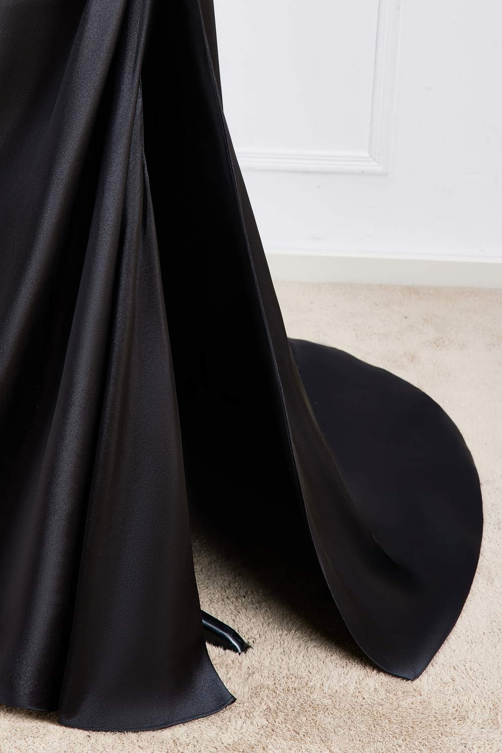 Black Spaghetti Straps Mermaid Satin Long Bridesmaid Dress with Slit