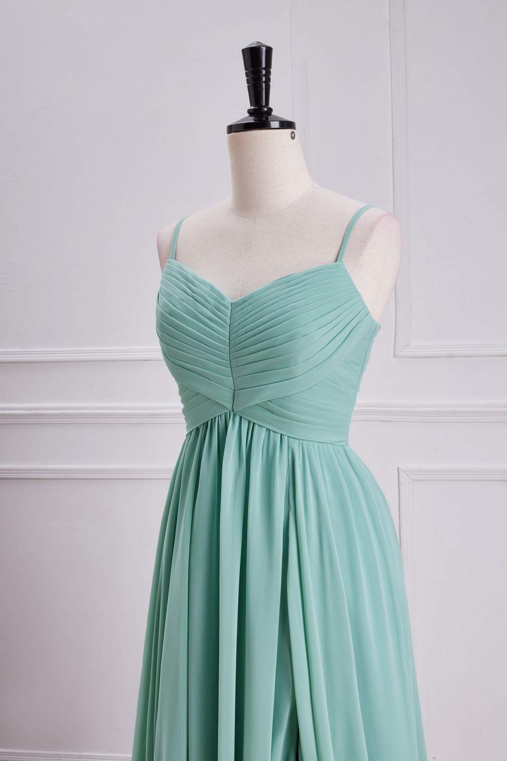 Sage Green Spaghetti Straps A-line Long Bridesmaid Dress with Slit