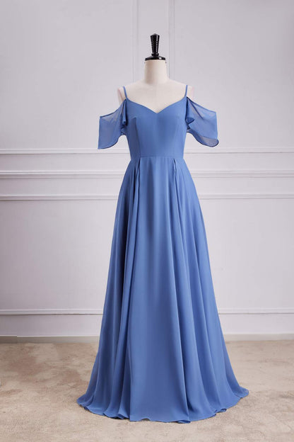 Blue Cold Shoulder A-line Long Bridesmaid Dress