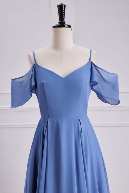 Blue Cold Shoulder A-line Long Bridesmaid Dress