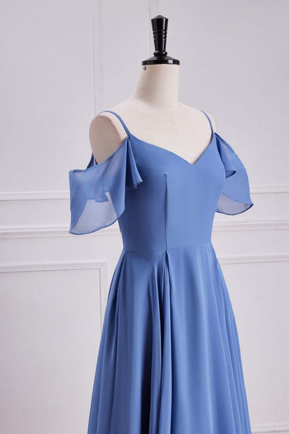 Blue Cold Shoulder A-line Long Bridesmaid Dress