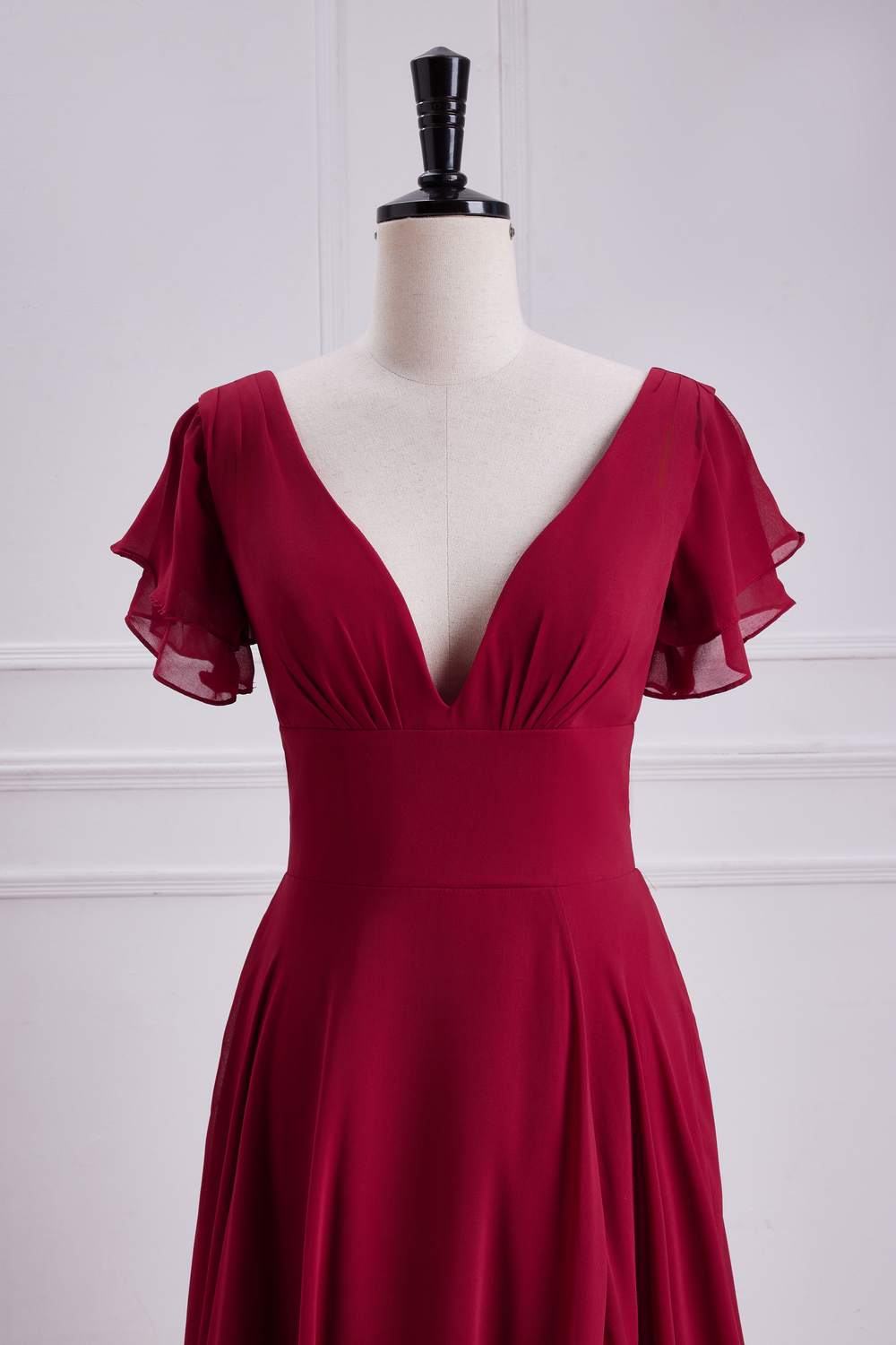 Red Flaunt Sleeves V Neck A-line Long Bridesmaid Dress with Slit