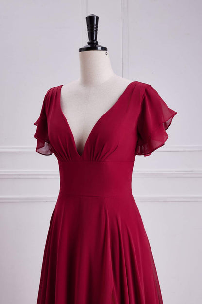 Red Flaunt Sleeves V Neck A-line Long Bridesmaid Dress with Slit