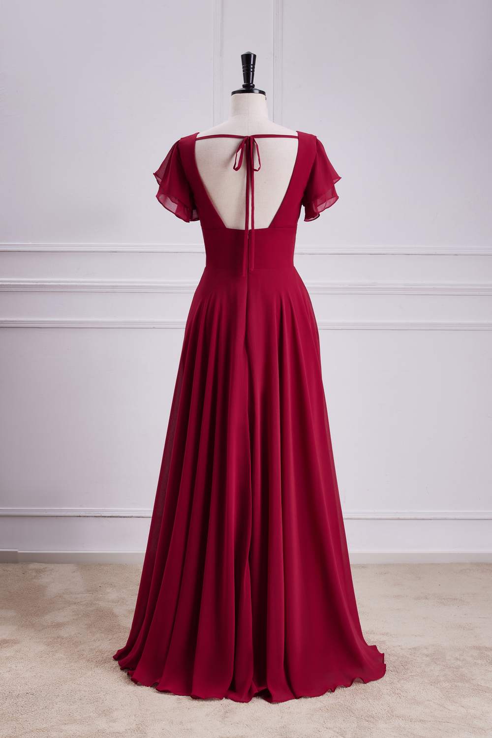 Red Flaunt Sleeves V Neck A-line Long Bridesmaid Dress with Slit
