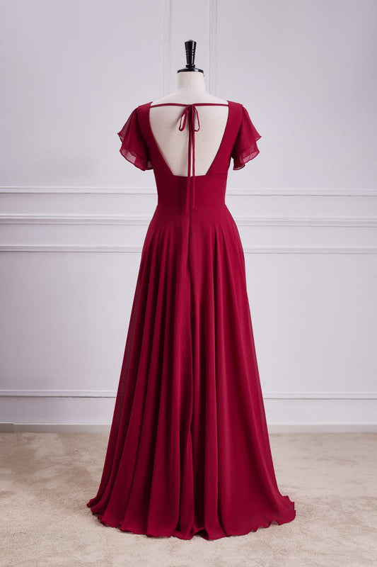 Red Flaunt Sleeves V Neck A-line Long Bridesmaid Dress with Slit