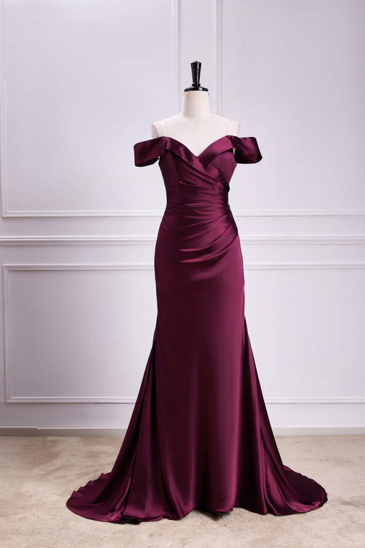 Raspberry Off-Shoulder Satin Mermaid Long Bridesmaid Dress