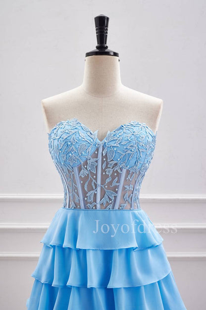 Strapless Blue Sheer Corset A-Line Ruffle Homecoming Dress