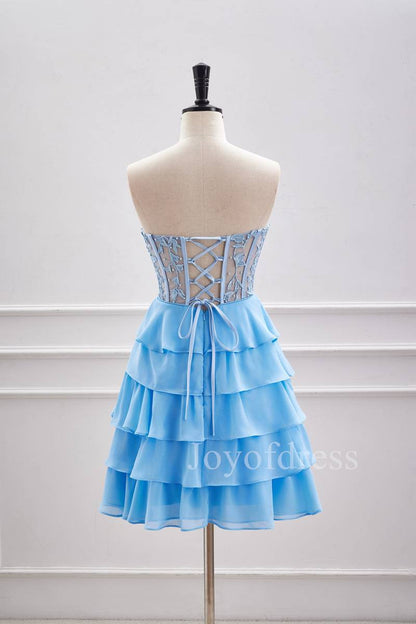 Strapless Blue Sheer Corset A-Line Ruffle Homecoming Dress