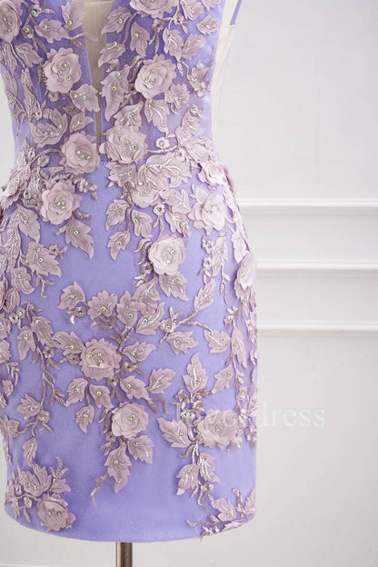 Plunging Neck Lavender 3D Flowers Fitted Homecoming Dress