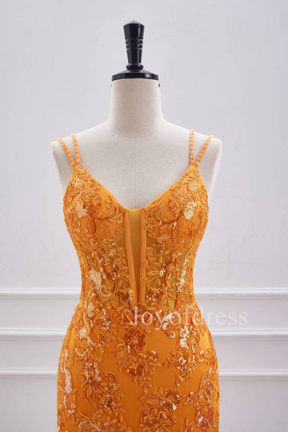 Double Straps Orange Sequin Appliques Short Bodycon Dress