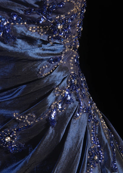 Vintage Ball Gown Strapless Navy Blue Satin Long Prom Dresses Party Dress SD1343