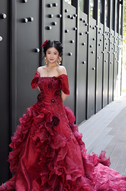 Burgundy Ball Gown Off the Shoulder Beaded Floral Organza Graduation Ball Gown 18th Birthday Dress SH4982