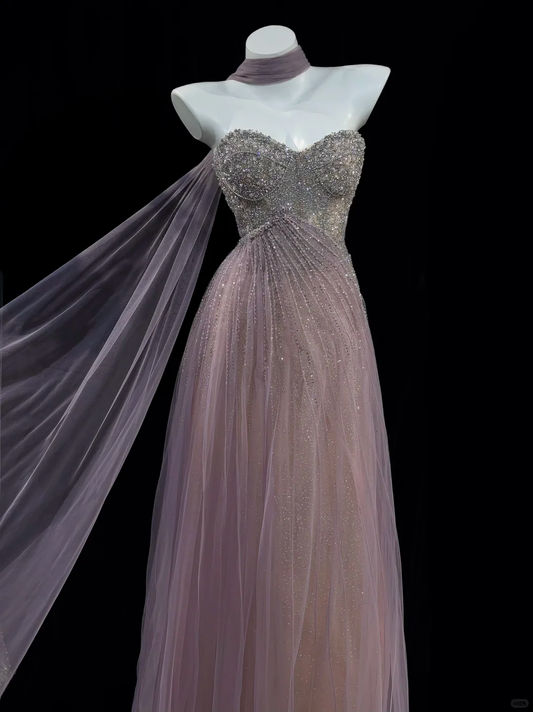 Purple A Line Sweetheart Neck Exquisite Beaded Tulle Long Prom Dress SH5001