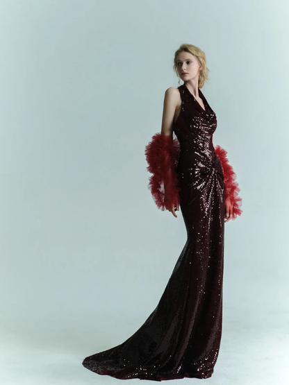Imperial Burgundy Mermaid Halter Sequin Long Sweep Prom Dress Evening Dress SH4223