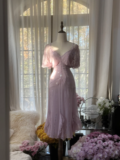 Gentle A Line V Neck Sequin Chiffon Party Dress Wedding Guest Dress SH2963