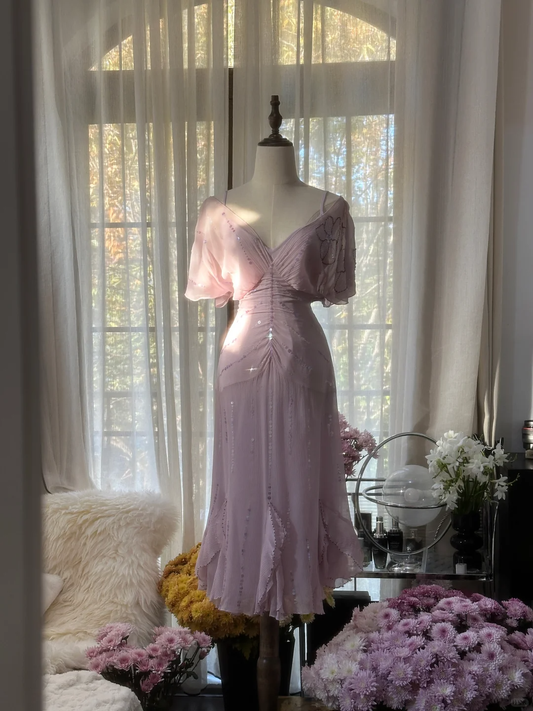 Gentle A Line V Neck Sequin Chiffon Party Dress Wedding Guest Dress SH2963