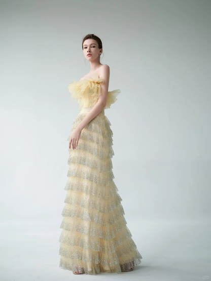 Yellow Sheath Strapless Layered Tulle Sequin Party Dress Prom Dress Formal Gown SH4309