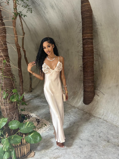Beige A Line Spaghetti Strap Floral Satin Prom Dress Evening Dress SH3907