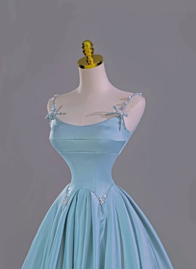 Blue A Line Spaghetti Strap Pearl Bow Satin Prom Dress Graduation Prom Dress SH2463