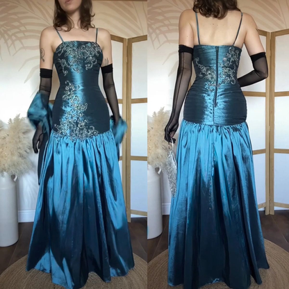 Elegant Spaghetti Straps Blue Satin Beaded Mermaid Long Party Dress Evening Gown D1907