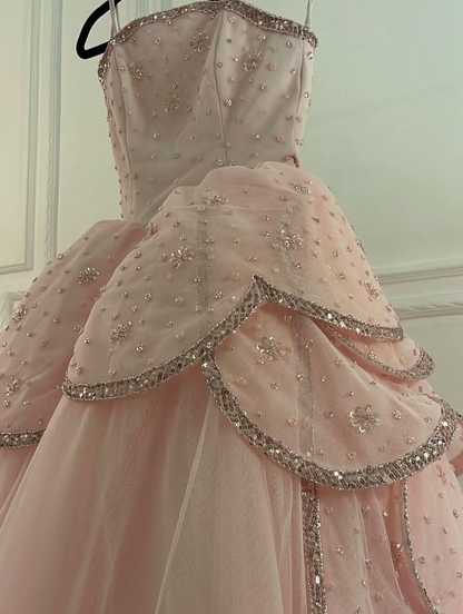 Pink A Line Strapless Tiered Beaded Tulle Party Dress Evening Dress Ball Gown SH2819
