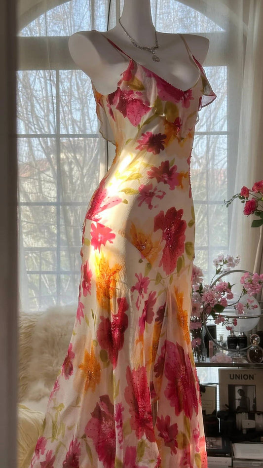 Flowy Mermaid Spaghetti Strap Print Flower Beaded Chiffon Party Dress SH3291