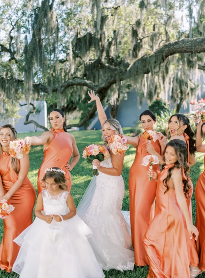 Elegant Sheath Halter Orange Satin Open Back Long Bridesmaid Dress Graduation Prom Dress SH2593