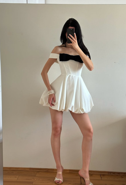 Cute Bow A Line Off the Shoulder White Satin Short Homecoming Dress Party Dress SH3959