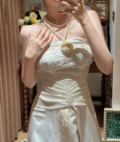 Fashion Strapless Satin Embroidery Beaded Mermaid Party Dress Evening Gown Ivory Long Wedding Guest Dress D2049