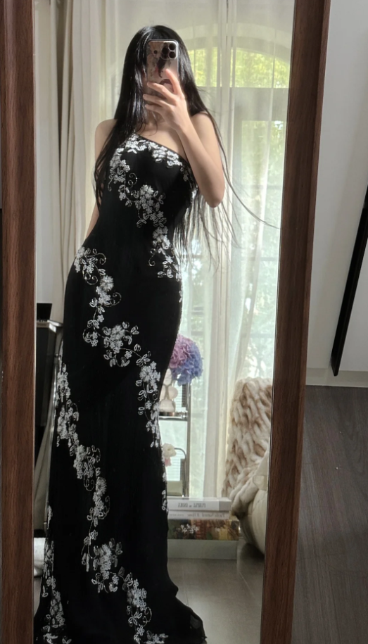 Classy One Shoulder Black Chiffon Beaded Mermaid Long Party Dress Evening Gown D2304