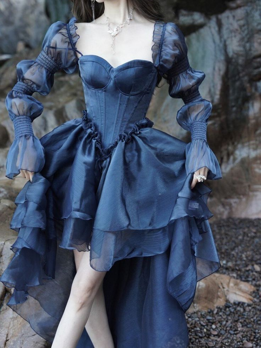 New Vintage Navy Blue Ruffle Casual Fashion Party Prom Dress SH1231
