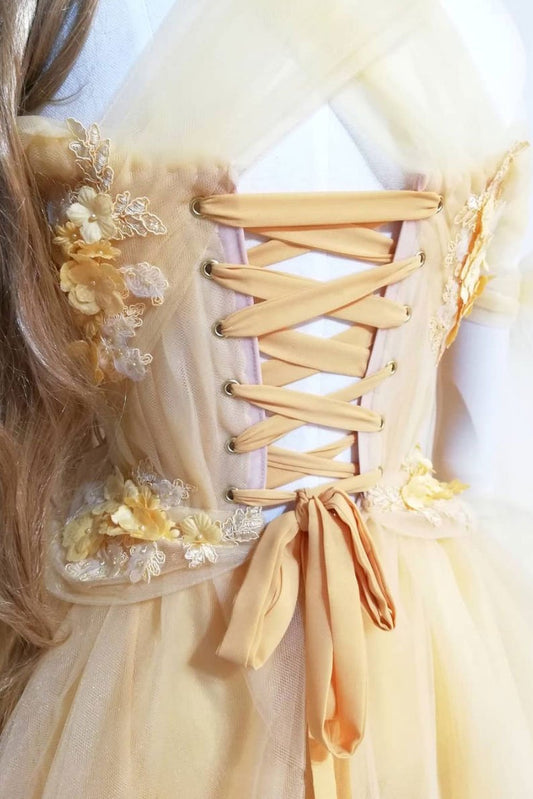 Yellow sweetheart tulle lace long prom dress yellow formal dress 0239