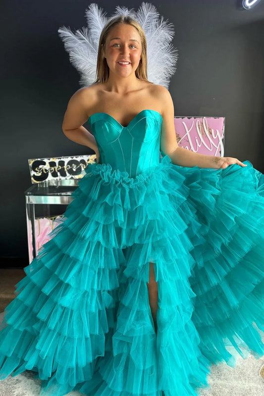 Black A Line Sweetheart Neck Layered Satin Tulle Long Wedding Guest Dress Evening Dress with Slit SH2920