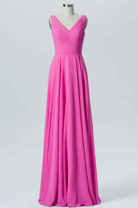 Fuchsia A-line V Neck Chiffon Pleated Sash Long Bridesmaid Dress