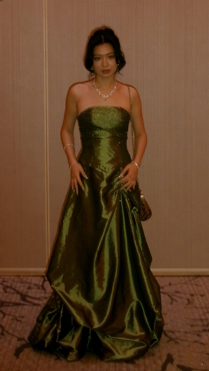Elegant Olive Green Strapless Satin Sequin Long Birthday Party Dress Evening Gown  D1505