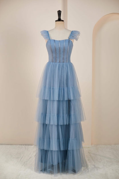 Dusty Blue Flutter Sleeves A-line Multi-Layers Long Bridesmaid Dress with Slit