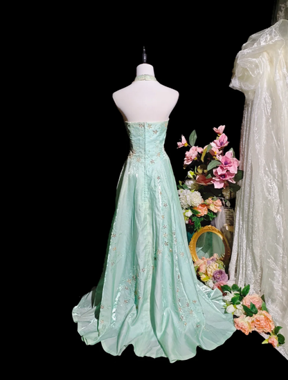 Chic Mint Green Halter Satin Tulle Embroidery Beaded Long Party Dress Evening Gown D2364