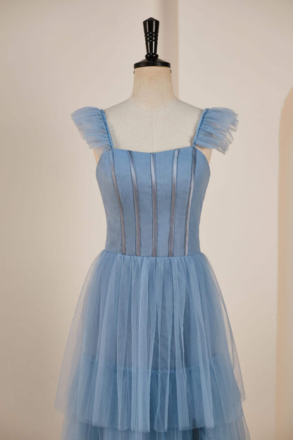 Dusty Blue Flutter Sleeves A-line Multi-Layers Long Bridesmaid Dress with Slit