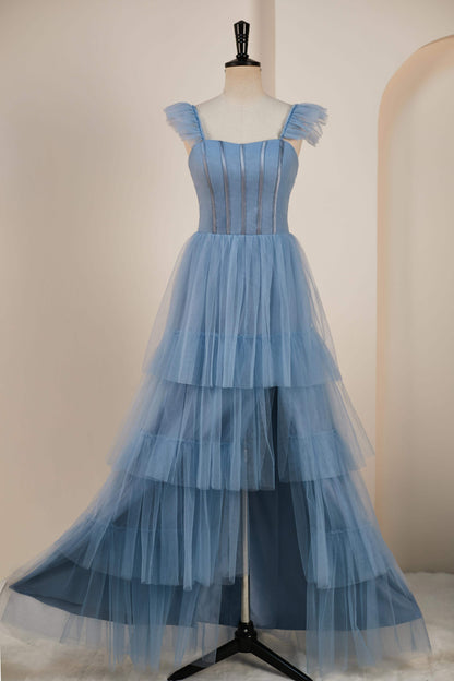 Dusty Blue Flutter Sleeves A-line Multi-Layers Long Bridesmaid Dress with Slit