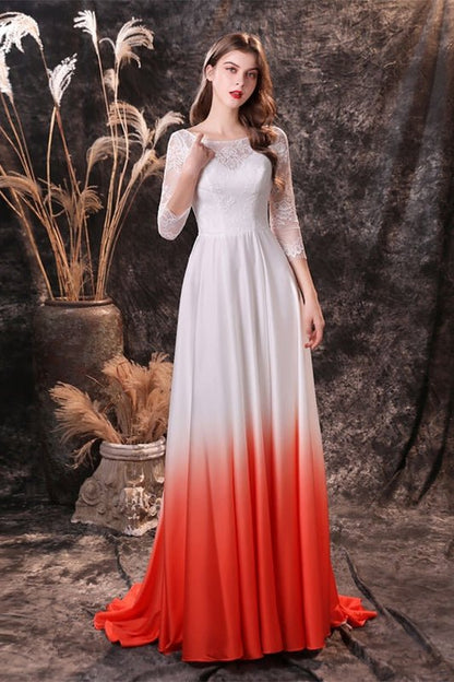 3/4 Sleeves Orange Ombre Chiffon Long Bridesmaid Dress