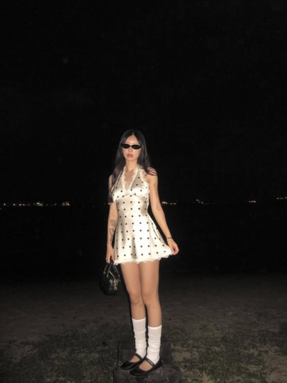 Cute A Line Halter Polka Dot Lace Satin Short Homecoming Dress Cocktail Dress SH3193