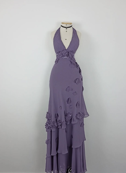 Retro A Line Halter Flower Purple Chiffon Open Back Evening Dress Party Dress SH3167