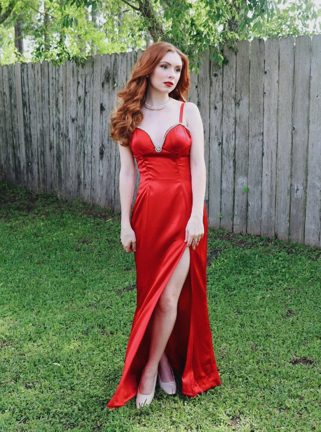 Charming Sheath Spaghetti Strap Rhinestone Red Satin Long Evening Dresses Party Dresses with Slit SH2676