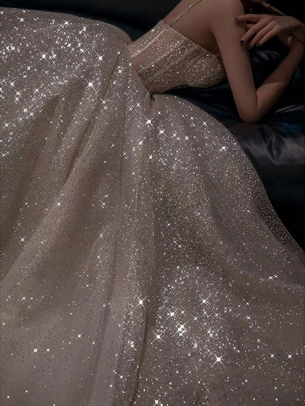 Glitter Spaghetti Straps Tulle Silver Sequin A Line Birthday Party Dress Long Evening Dress Prom Gown D1927