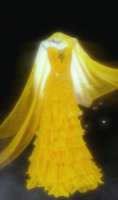 Pretty Spaghetti Straps Yellow Chiffon Ruffle Layered Mermaid Evening Dress Long Party Gown SP1576