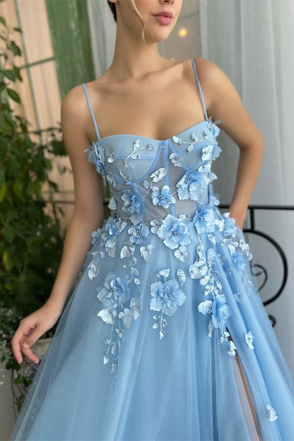 Baby Blue Sweetheart Flowers Appliques Spaghetti Strap Prom Dress Side Split